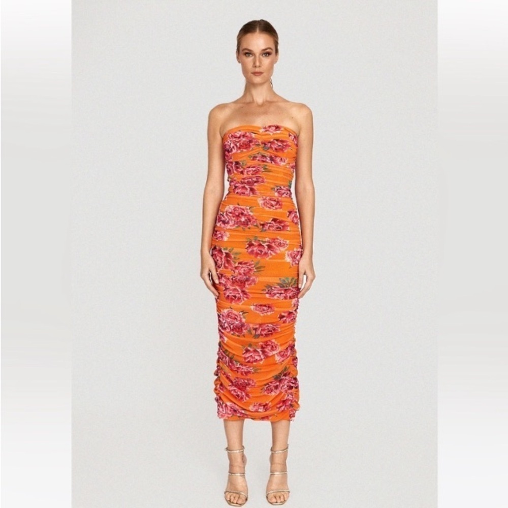 Sau Lee Farrah Dress Floral Ruched Midi Sz 4 Maximalist Mob Wife Romantic NWT